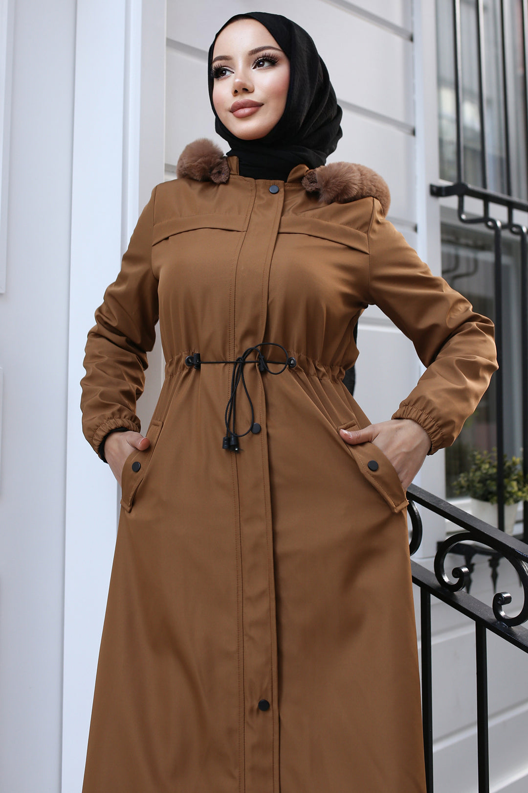 BNG Women Fur Collar Long Bonded Coat with Plush Lining Beige - Sydney