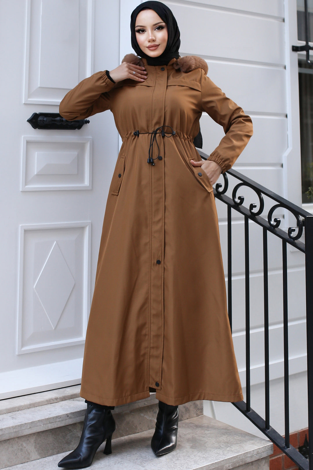 BNG Women Fur Collar Long Bonded Coat with Plush Lining Beige - Sydney