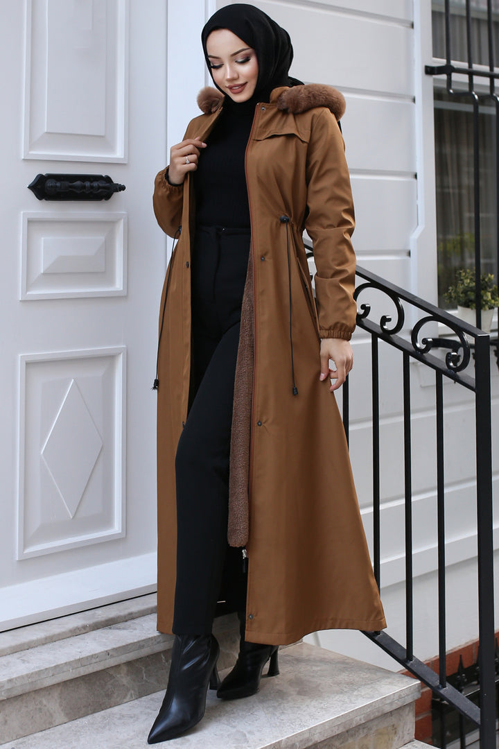 BNG Women Fur Collar Long Bonded Coat with Plush Lining Beige - Sydney