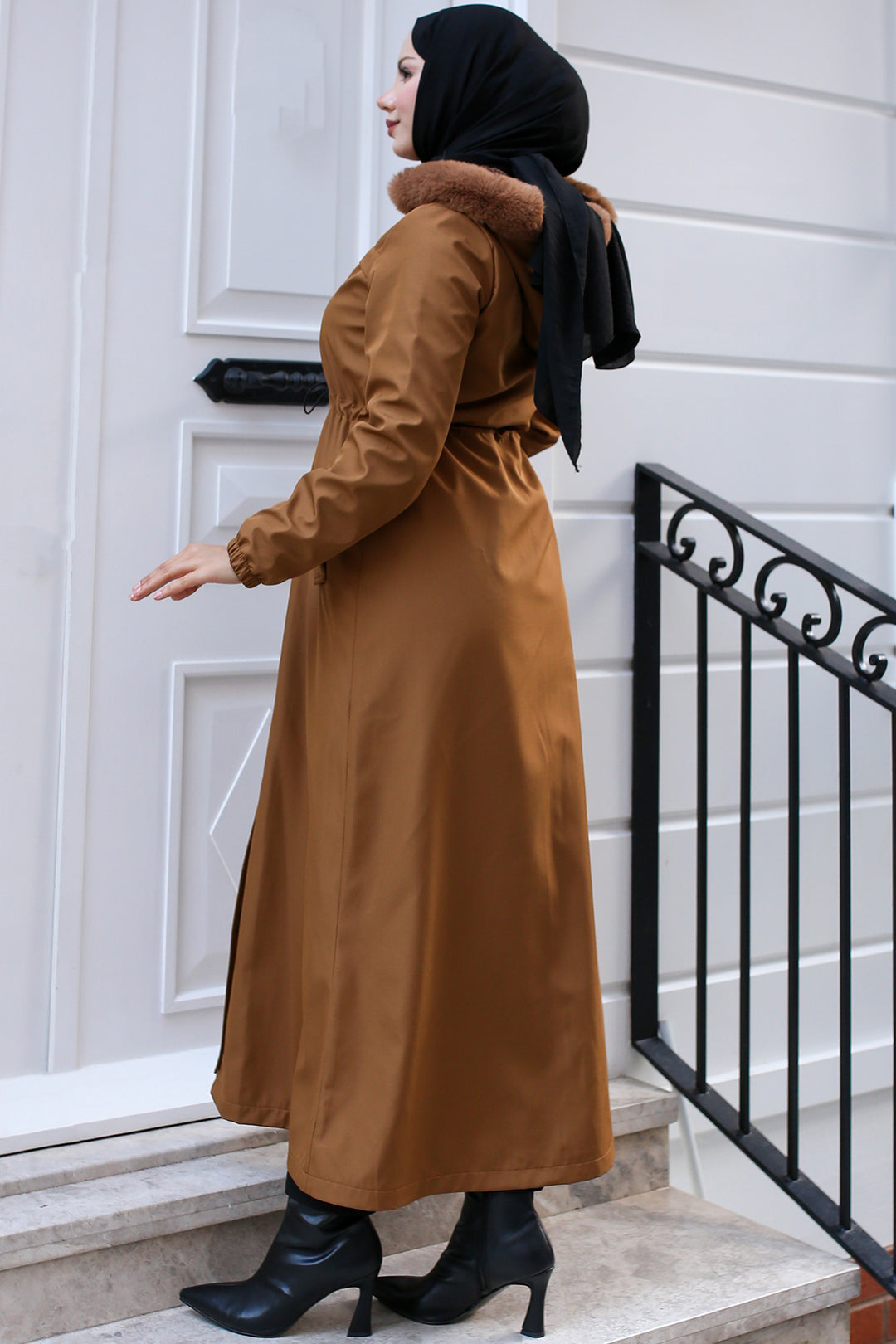 BNG Women Fur Collar Long Bonded Coat with Plush Lining Beige - Sydney