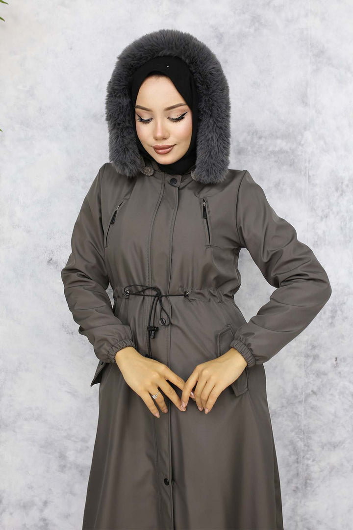 BNG Women Plush-lined Fur Collar Long Bonded Coat Anthracite 1050 - Monclova