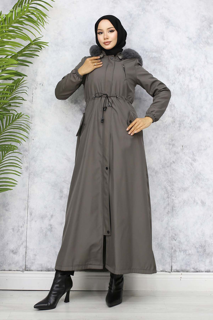 BNG Women Plush-lined Fur Collar Long Bonded Coat Anthracite 1050 - Monclova