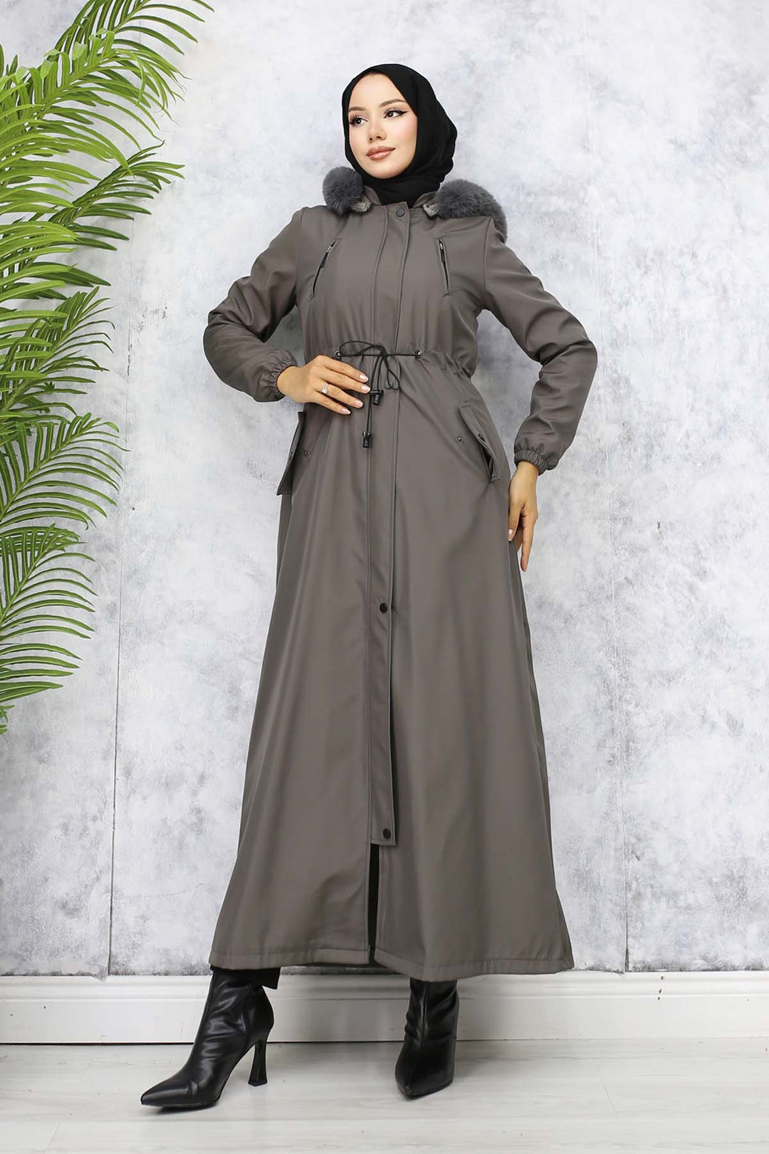 BNG Women Plush-lined Fur Collar Long Bonded Coat Anthracite 1050 - Monclova
