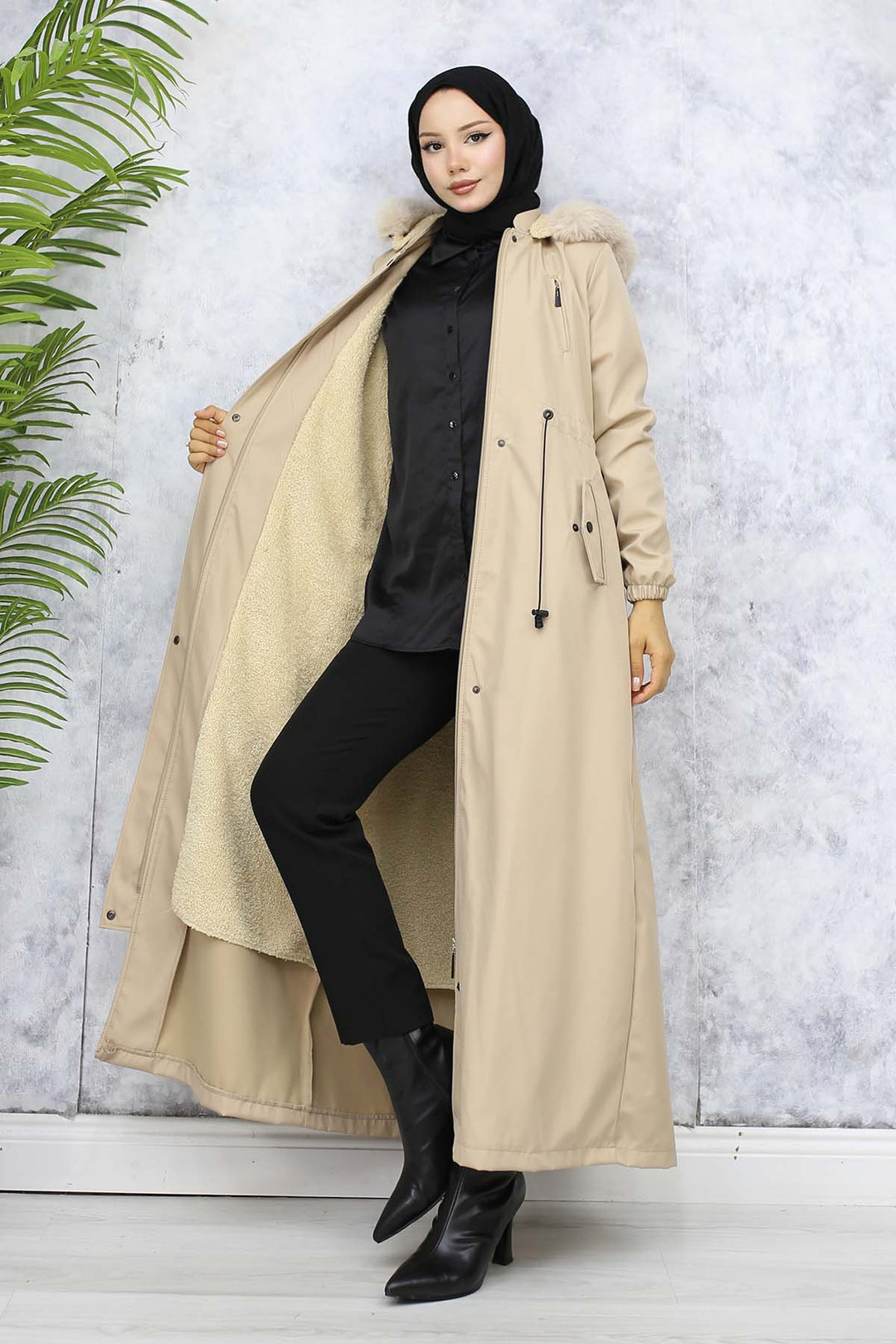 BNG Women Plush-lined Fur Collar Long Bonded Coat Beige 1050 - Belleville