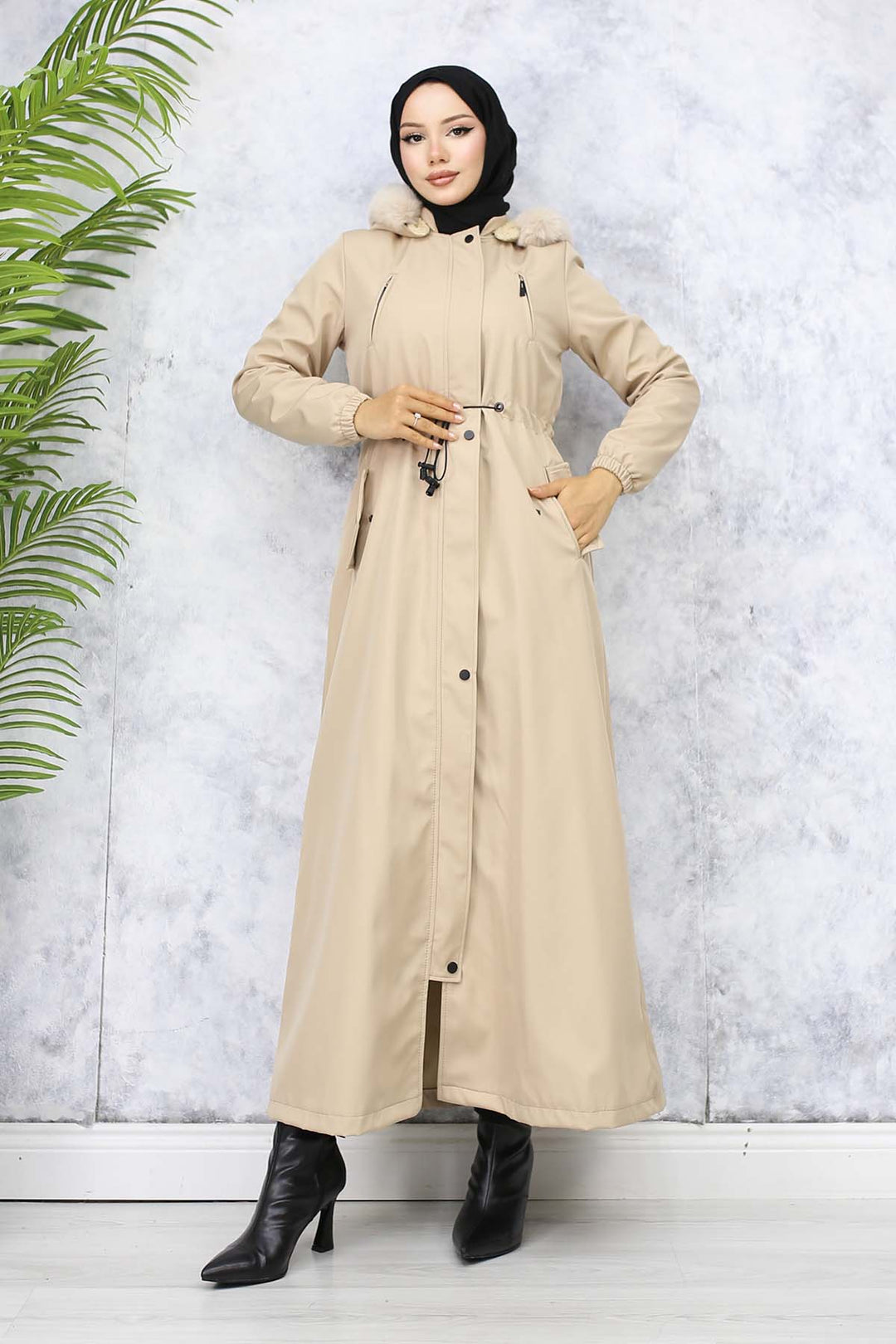 BNG Women Plush-lined Fur Collar Long Bonded Coat Beige 1050 - Belleville