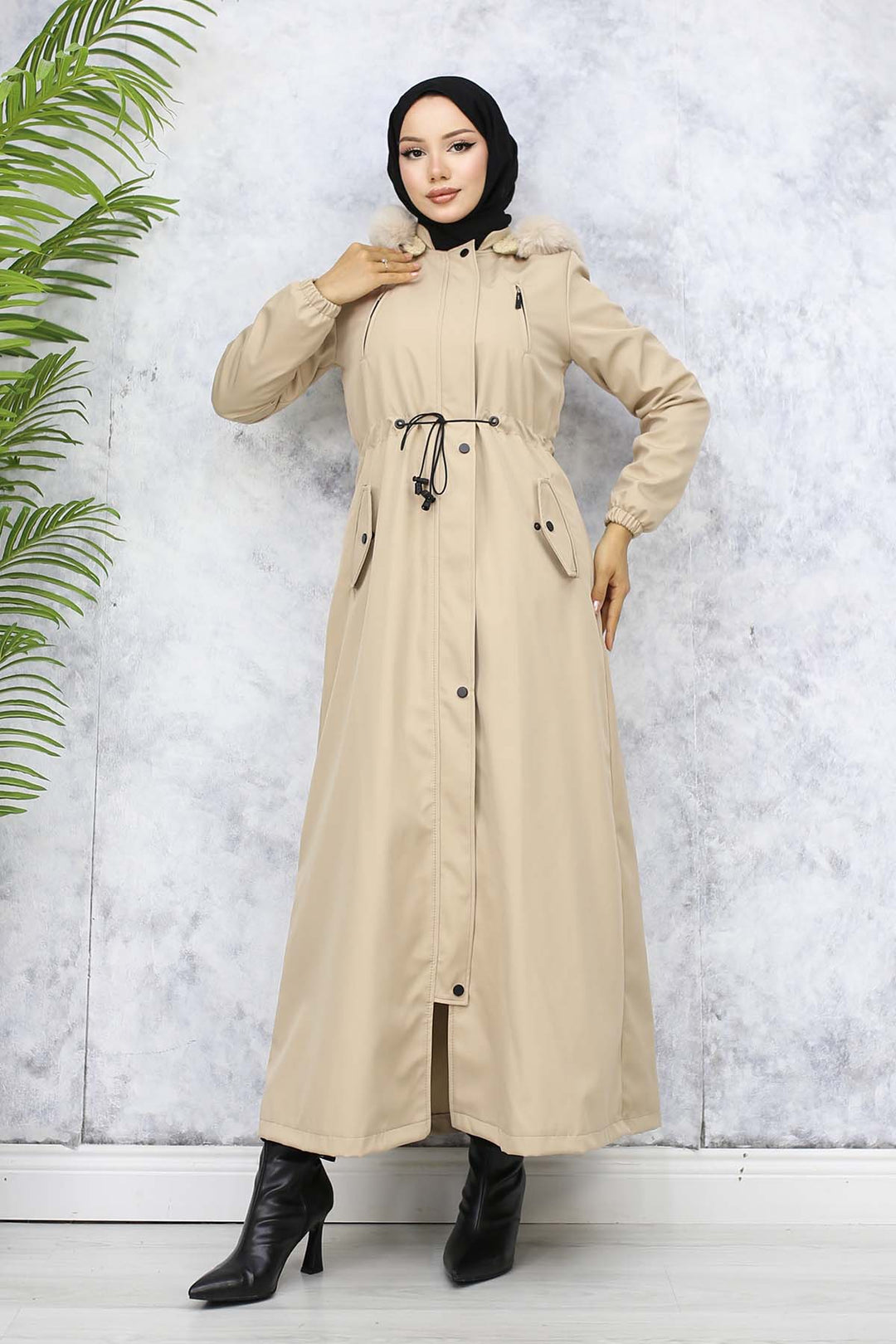 BNG Women Plush-lined Fur Collar Long Bonded Coat Beige 1050 - Belleville