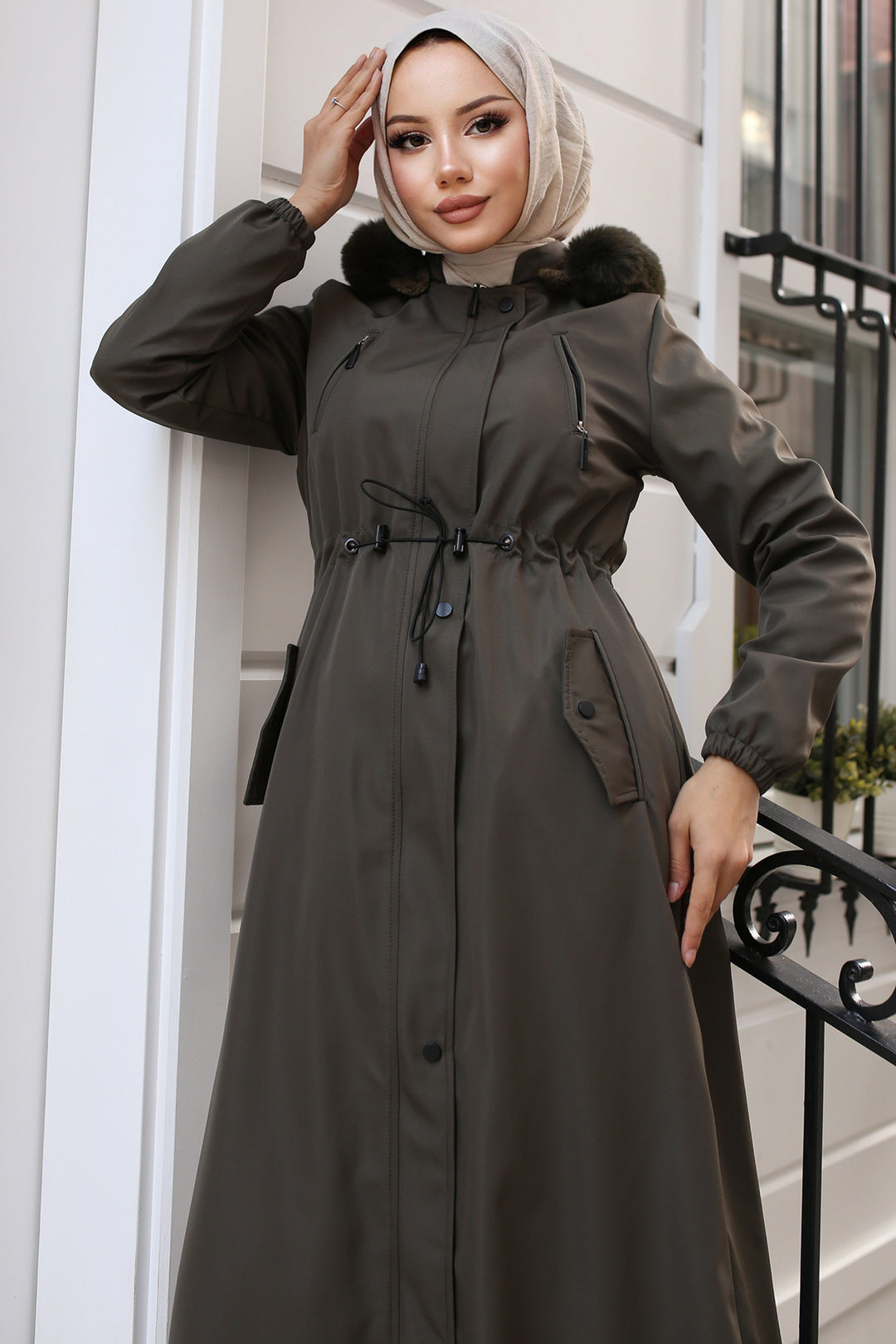 BNG Women Fur Collar Plush Lined Long Bonded Coat Khaki - Zográfos