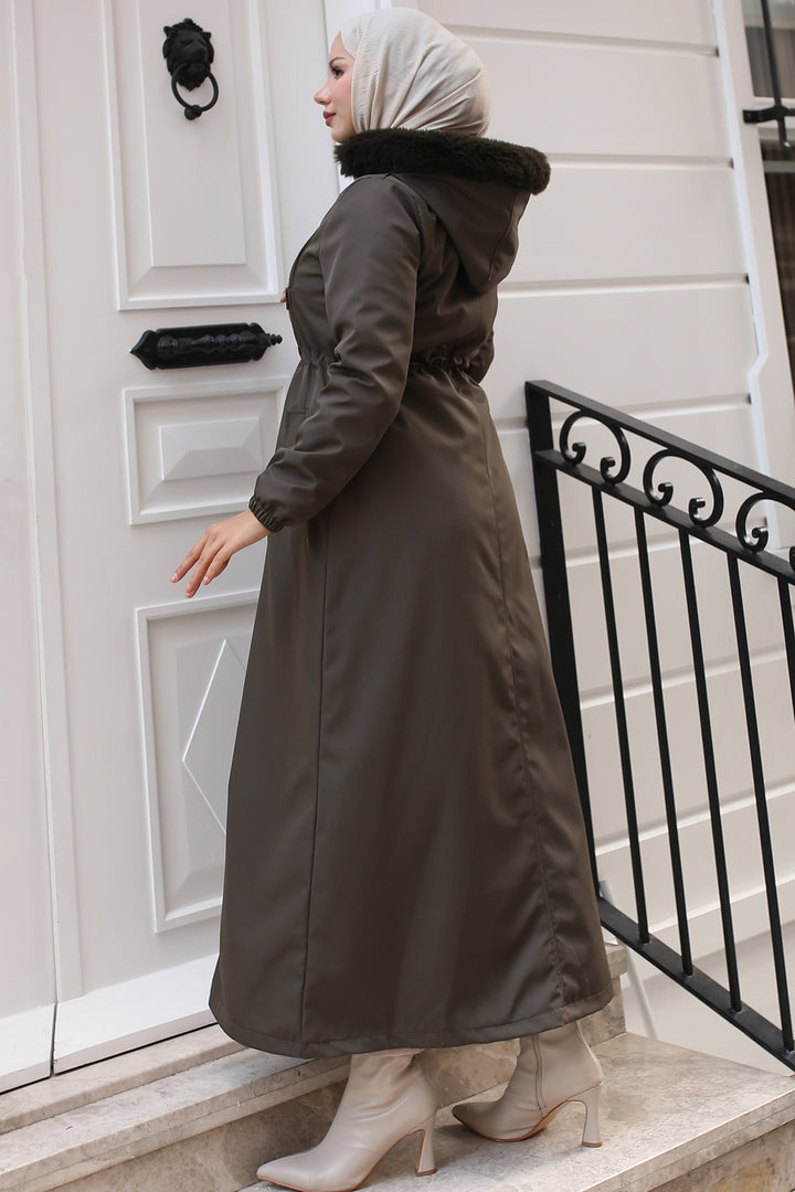 BNG Women Fur Collar Plush Lined Long Bonded Coat Khaki - Zográfos