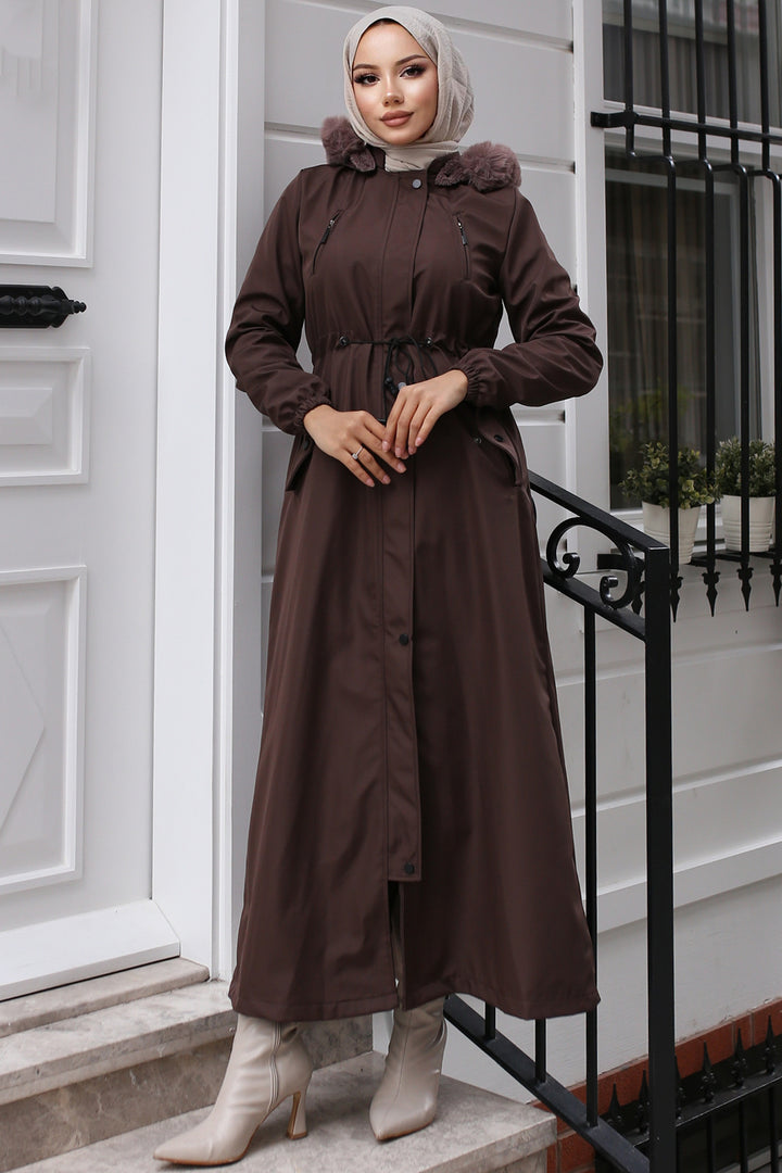 BNG Women Brown Long Bonded Coat with Plush Lining and Fur Collar - Levittown
