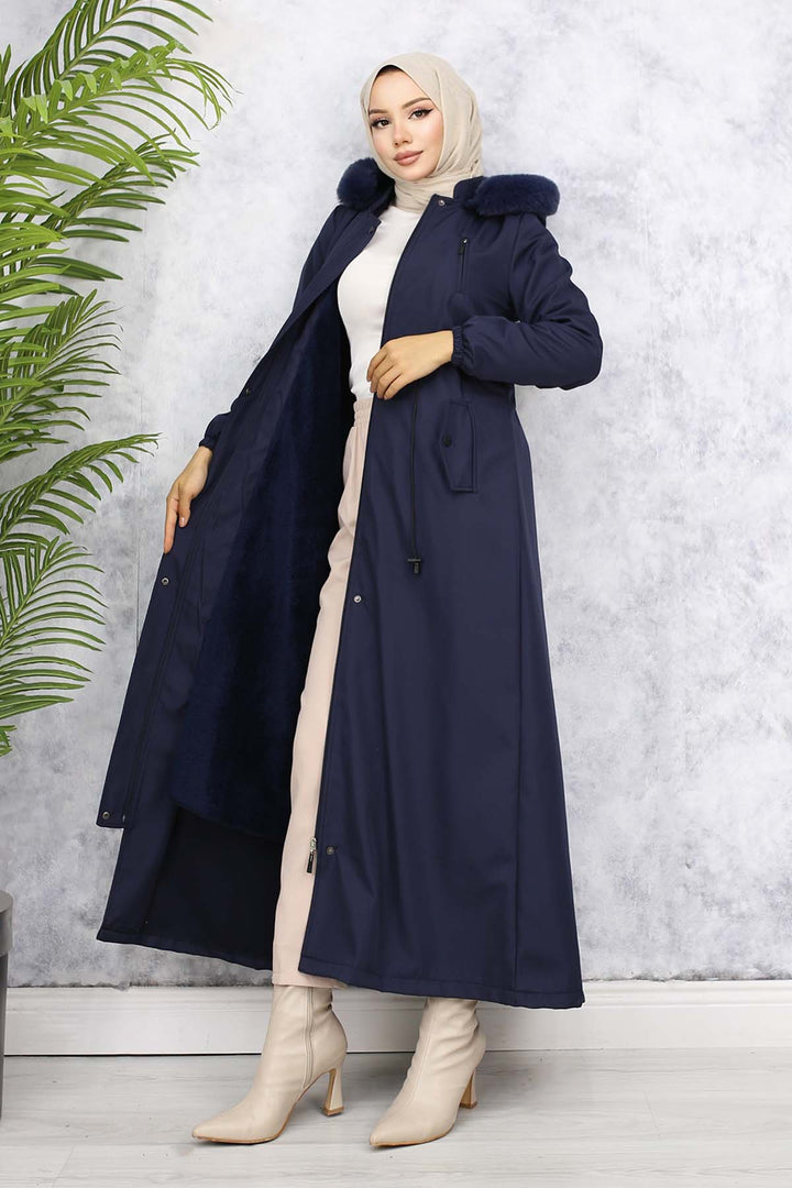 BNG Women Plush-lined Fur Collar Long Bonded Coat Navy Blue 1050 - Albuquerque