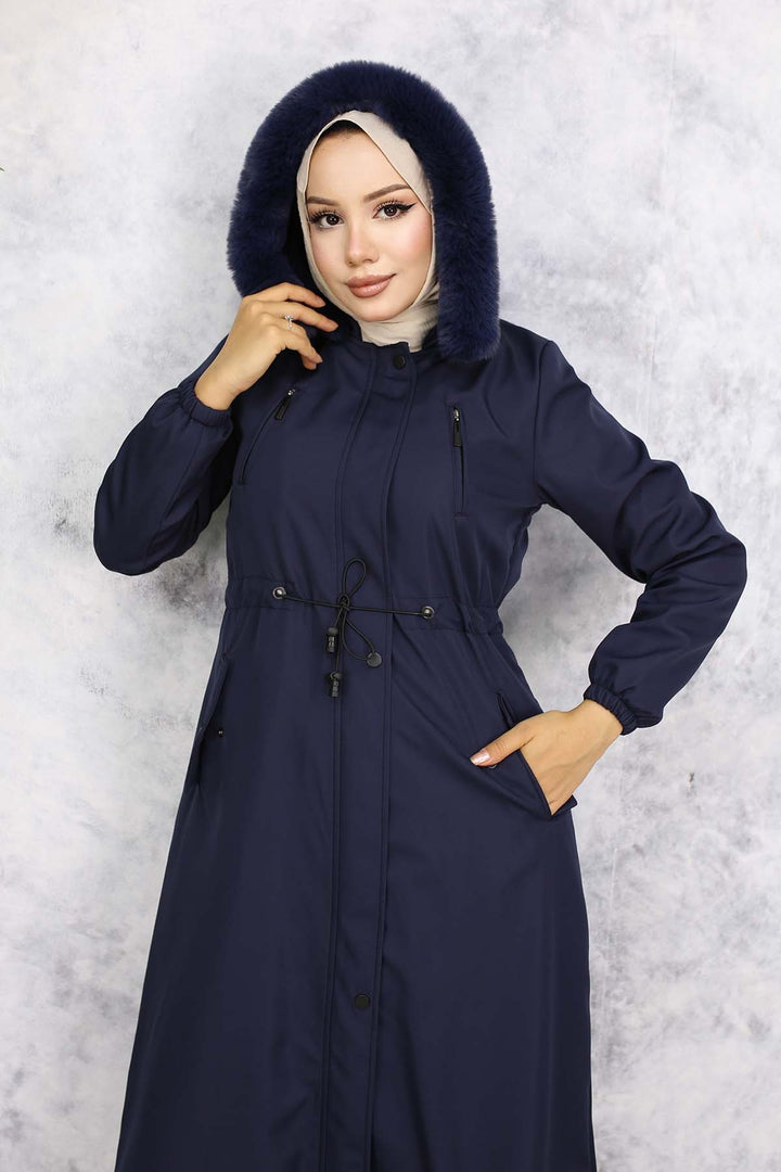 BNG Women Plush-lined Fur Collar Long Bonded Coat Navy Blue 1050 - Albuquerque