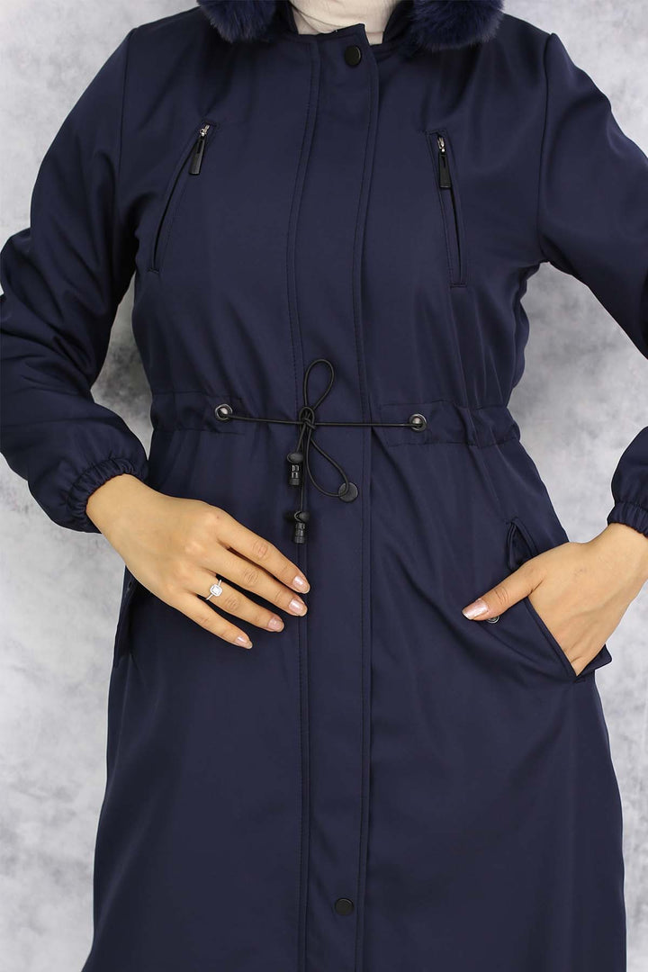 BNG Women Plush-lined Fur Collar Long Bonded Coat Navy Blue 1050 - Albuquerque