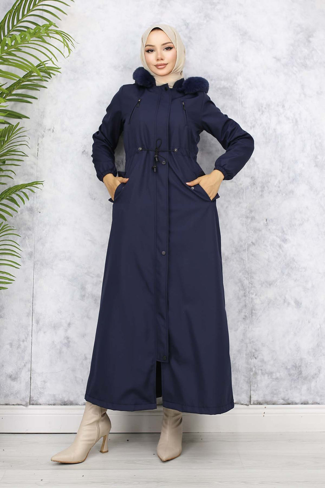 BNG Women Plush-lined Fur Collar Long Bonded Coat Navy Blue 1050 - Albuquerque