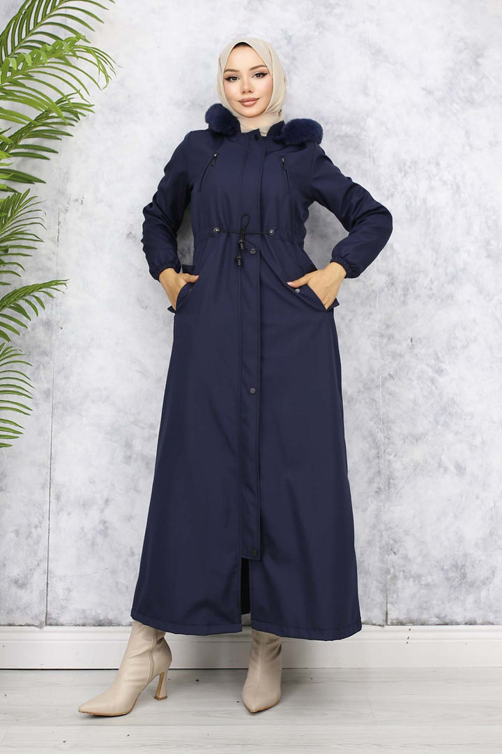 BNG Women Plush-lined Fur Collar Long Bonded Coat Navy Blue 1050 - Albuquerque
