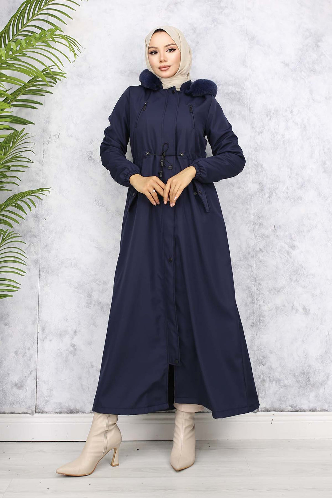 BNG Women Plush-lined Fur Collar Long Bonded Coat Navy Blue 1050 - Albuquerque