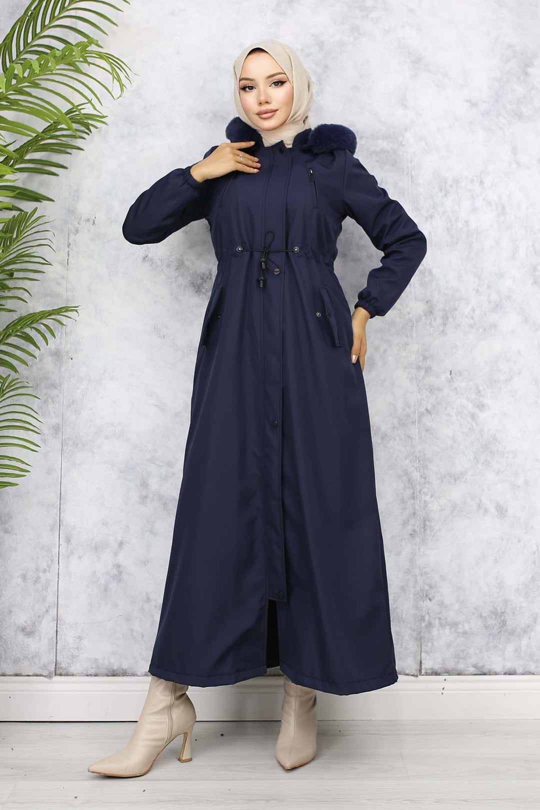 BNG Women Plush-lined Fur Collar Long Bonded Coat Navy Blue 1050 - Alba Iulia