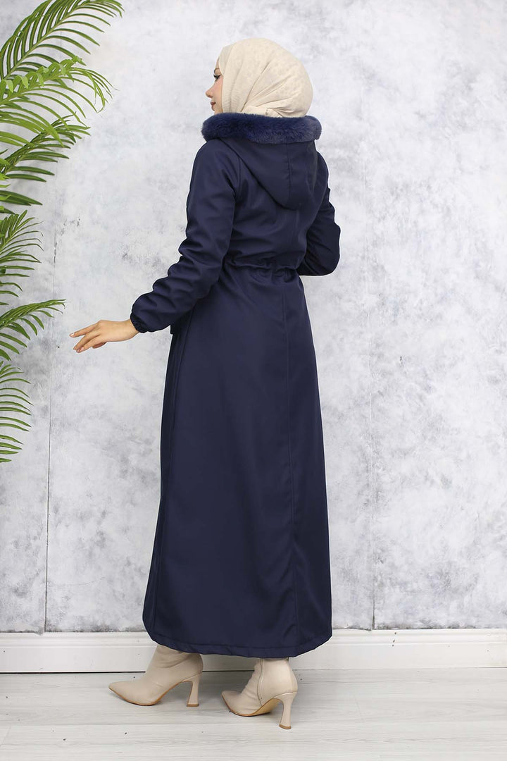 BNG Women Plush-lined Fur Collar Long Bonded Coat Navy Blue 1050 - Alba Iulia