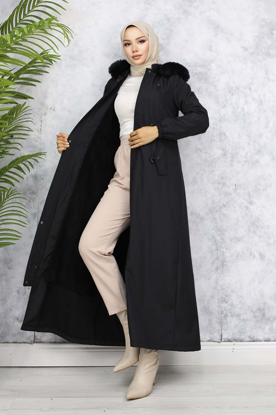 BNG Women İçi Peluşlu Yakası Kürklü  Uzun Bondit Mont Siyah 1050 - Kamen