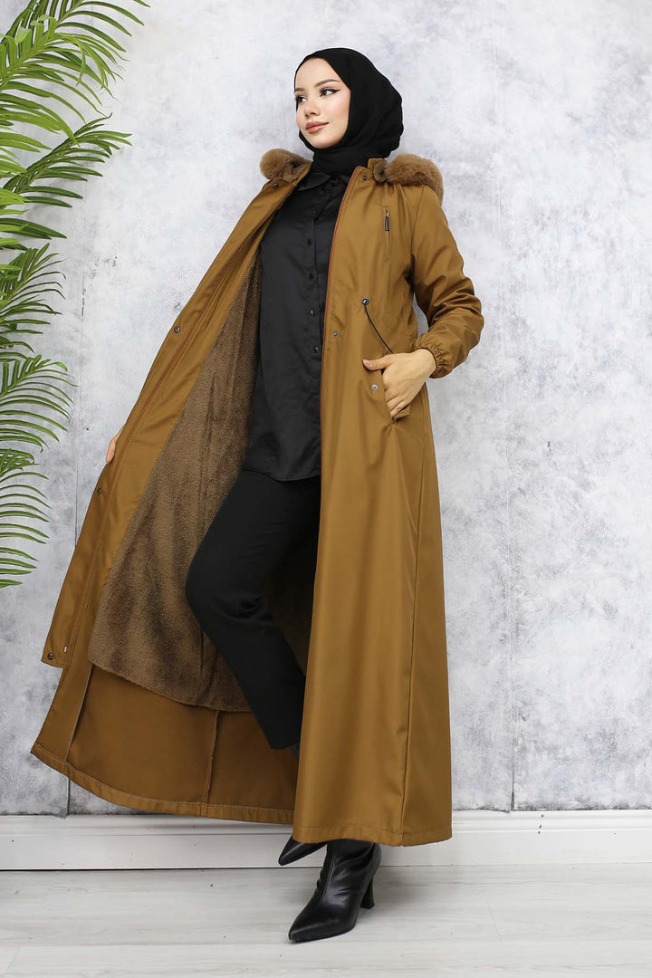 BNG Women Plush-lined Fur Collar Long Bonded Coat Brown 1050 - Colonia del Sol