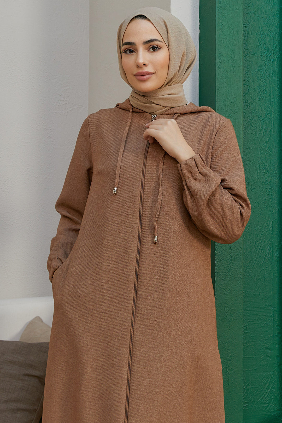 ZRF معطف نسائي بغطاء رأس وسحاب - جملي - ليما