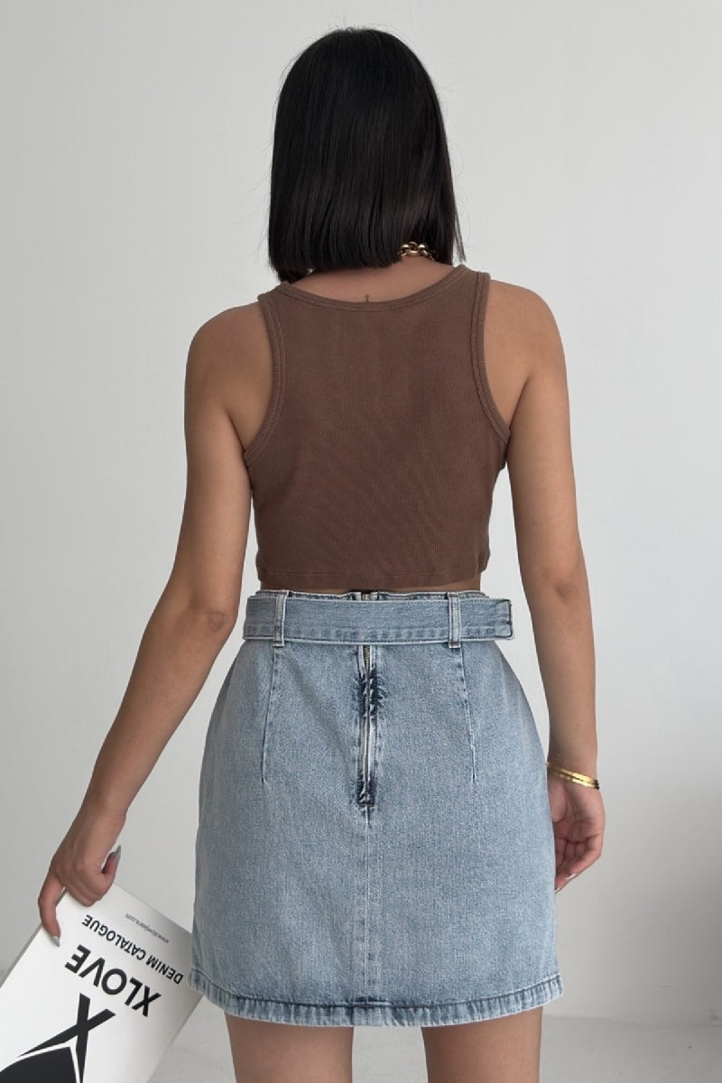 XLJ Ripped Denim Skirt with Denim Belt and Decorative Zipper Mixed - Arnhem