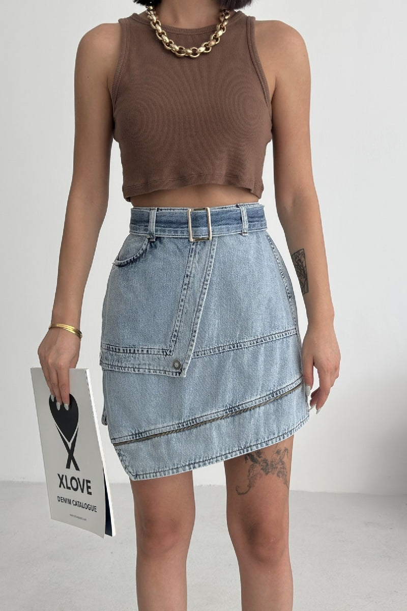 XLJ Ripped Denim Skirt with Denim Belt and Decorative Zipper Mixed - Arnhem