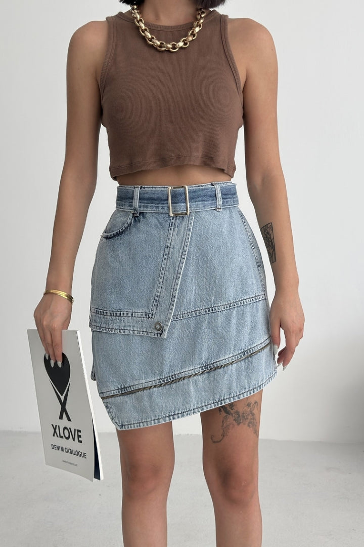 XLJ Ripped Denim Skirt with Denim Belt and Decorative Zipper Mixed - Arnhem