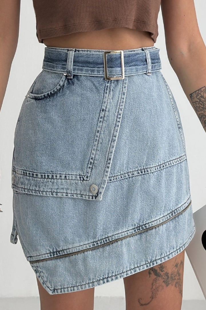 XLJ Ripped Denim Skirt with Denim Belt and Decorative Zipper Mixed - Arnhem