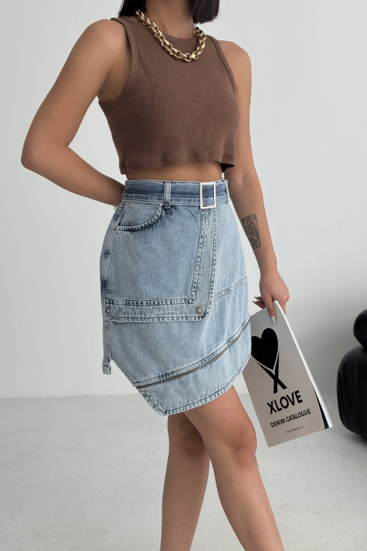 XLJ Ripped Denim Skirt with Denim Belt and Decorative Zipper Mixed - Arnhem