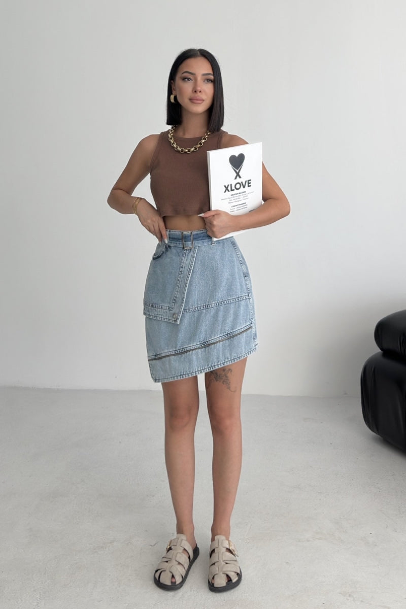 XLJ Ripped Denim Skirt with Denim Belt and Decorative Zipper Mixed - Arnhem