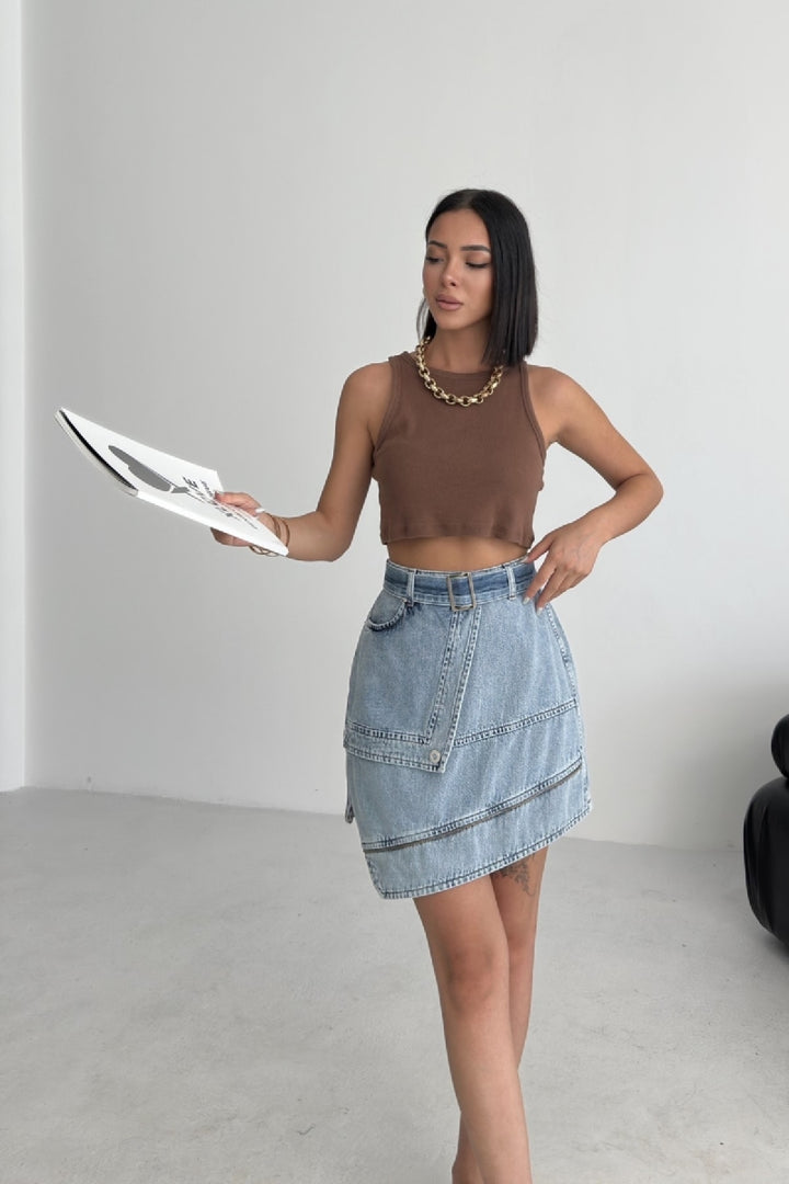 XLJ Ripped Denim Skirt with Denim Belt and Decorative Zipper Mixed - Arnhem