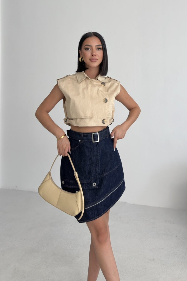 XLJ Ripped Denim Skirt with Denim Belt and Decorative Zipper Mixed - Évosmos