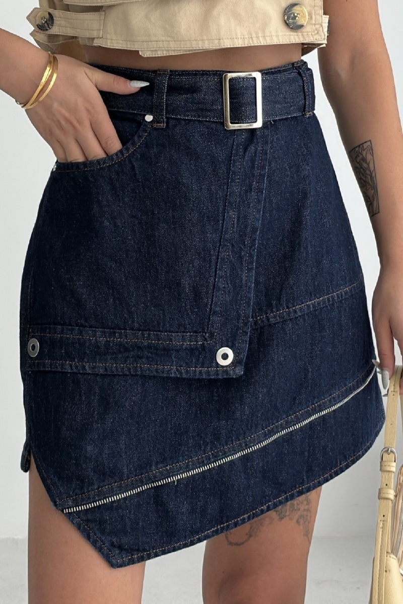 XLJ Ripped Denim Skirt with Denim Belt and Decorative Zipper Mixed - Évosmos