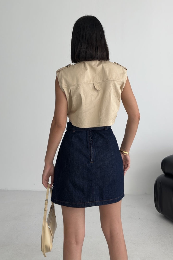 XLJ Ripped Denim Skirt with Denim Belt and Decorative Zipper Mixed - Évosmos