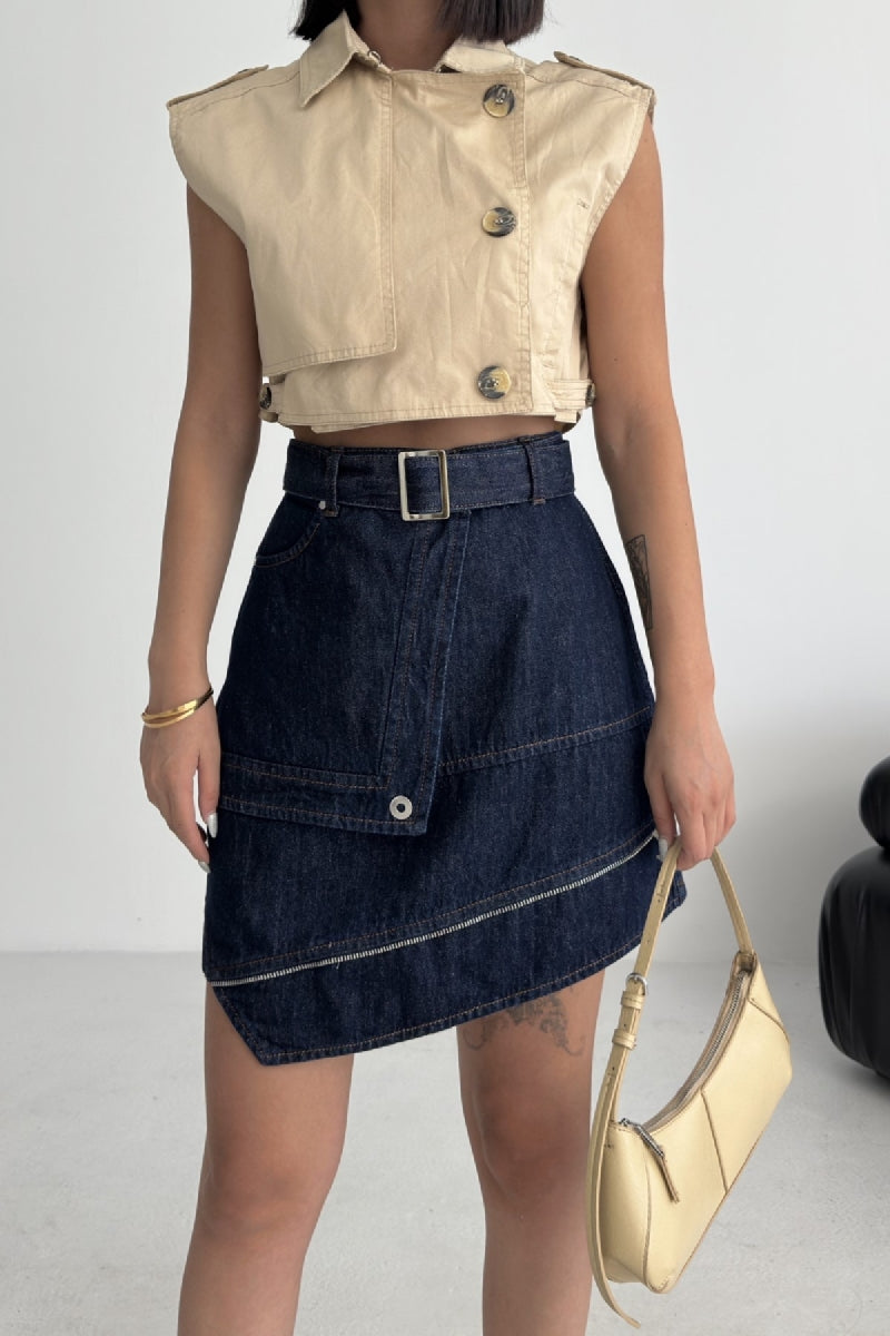 XLJ Ripped Denim Skirt with Denim Belt and Decorative Zipper Mixed - Évosmos