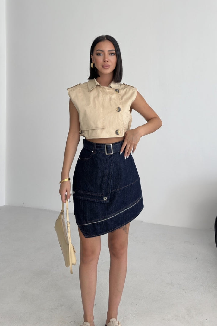 XLJ Ripped Denim Skirt with Denim Belt and Decorative Zipper Mixed - Évosmos