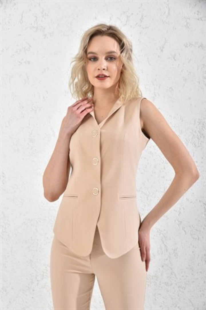 NDL Women Snap Fastener Vest Woman Suit Beige - Providence