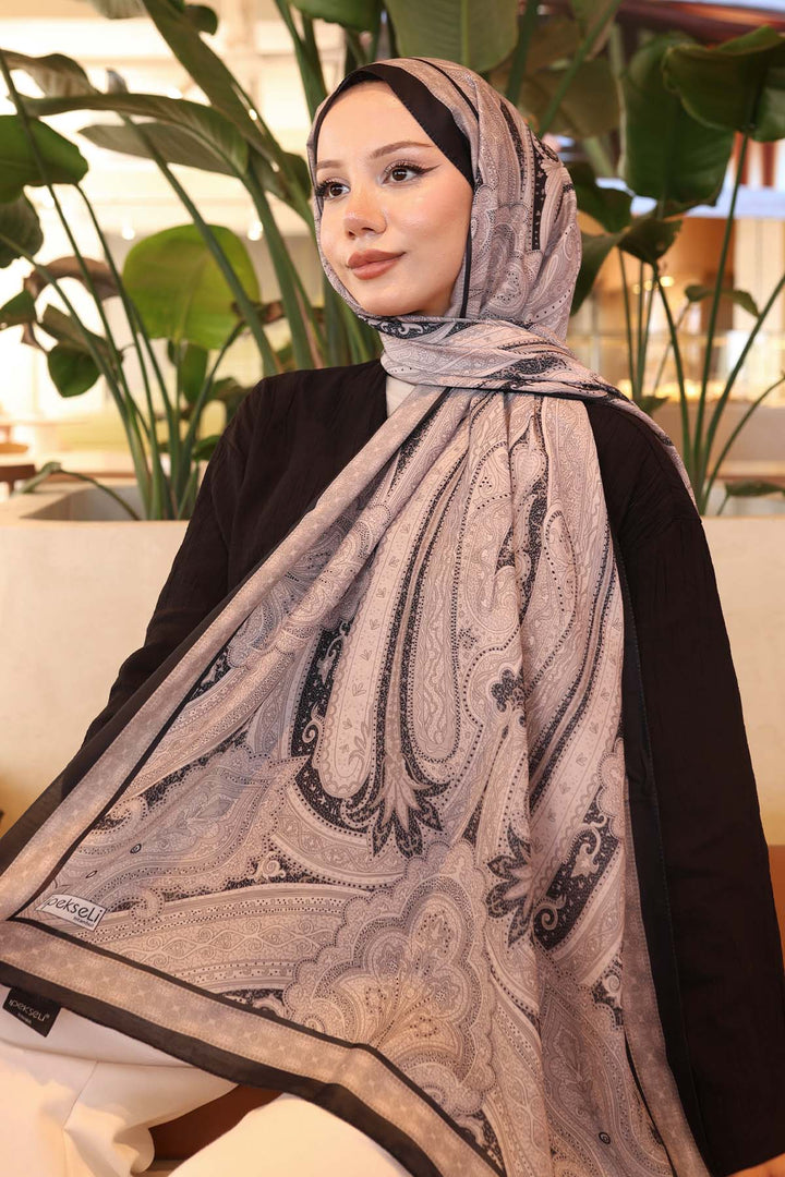 BNG Women Etnik Desenli Pamuk Şal Siyah-Bej İpk100 - Salihorsk