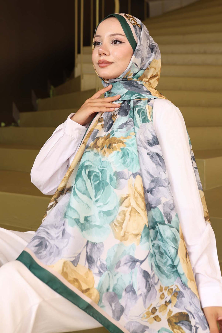 BNG Women Patterned Shawl Emerald Green İpk111 - Rubizhne
