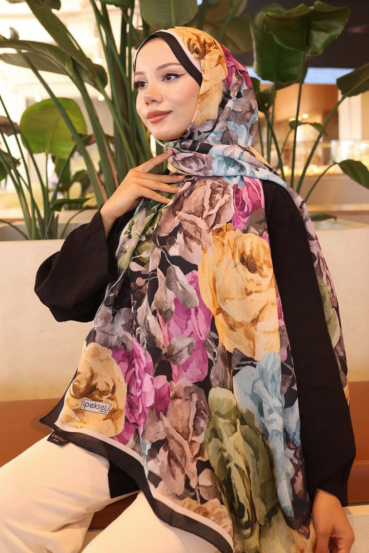 BNG Women Patterned Scarf Black-Yellow İpk111 - Meudon