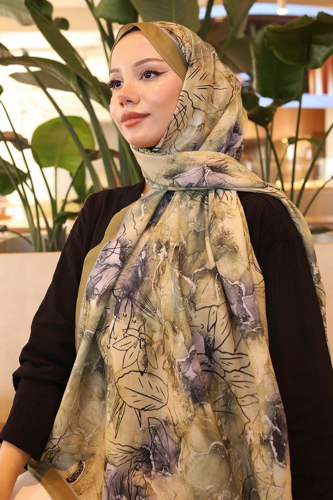 BNG Women Patterned Shawl Olive Green İpk114 - Alcamo