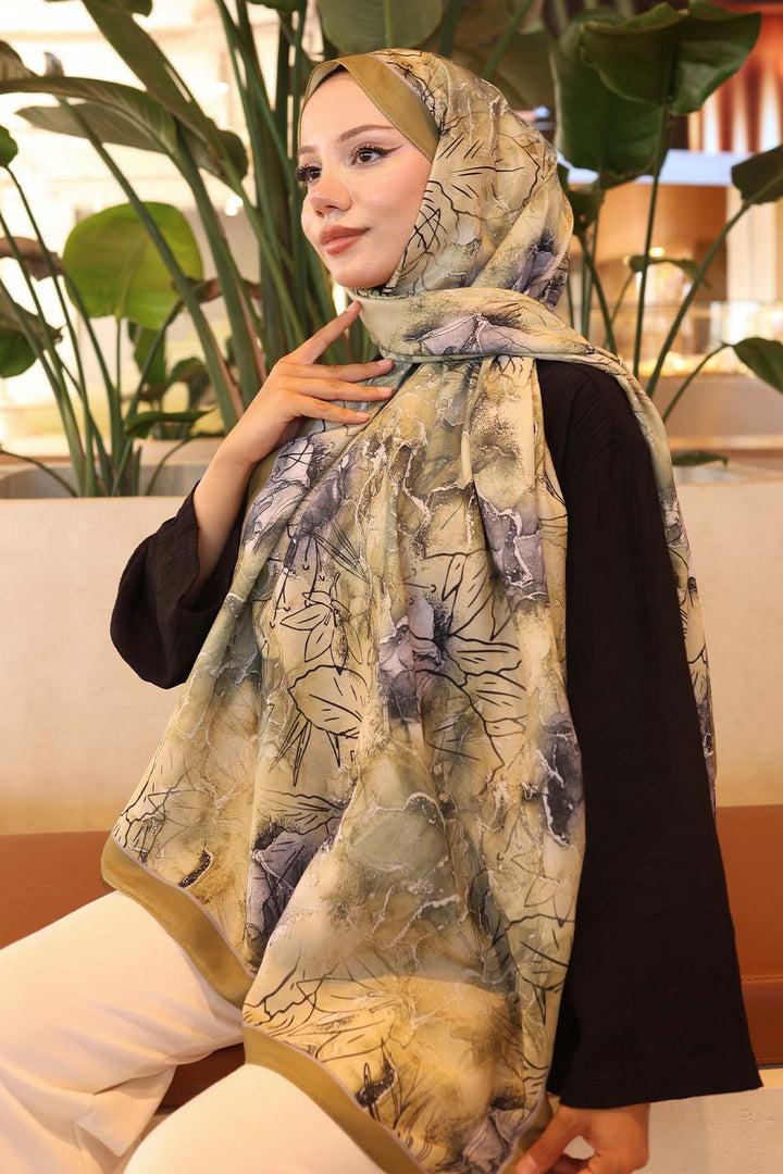BNG Women Patterned Shawl Olive Green İpk114 - Alcamo