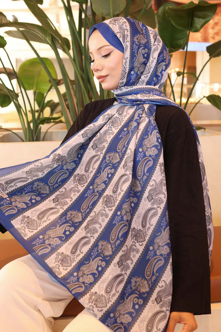 BNG Women Etnik Desenli Şal Saks Mavisi İpk115  - Middleton