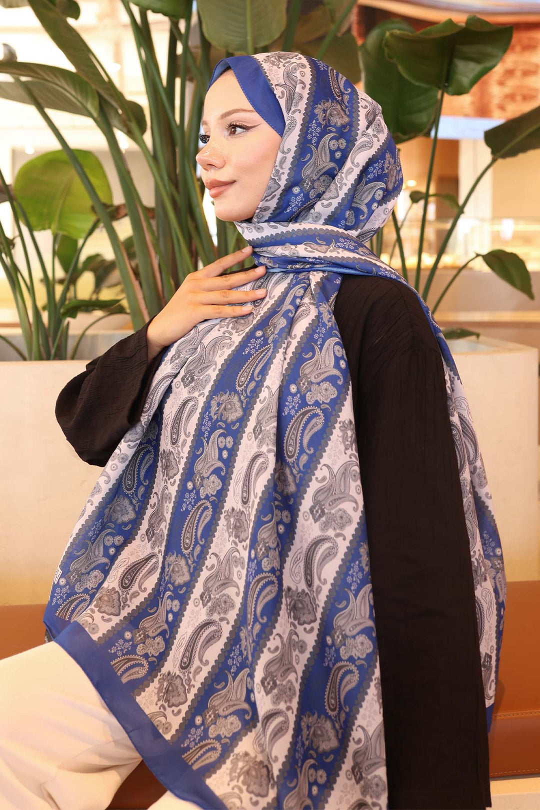 BNG Women Etnik Desenli Şal Saks Mavisi İpk115  - Middleton