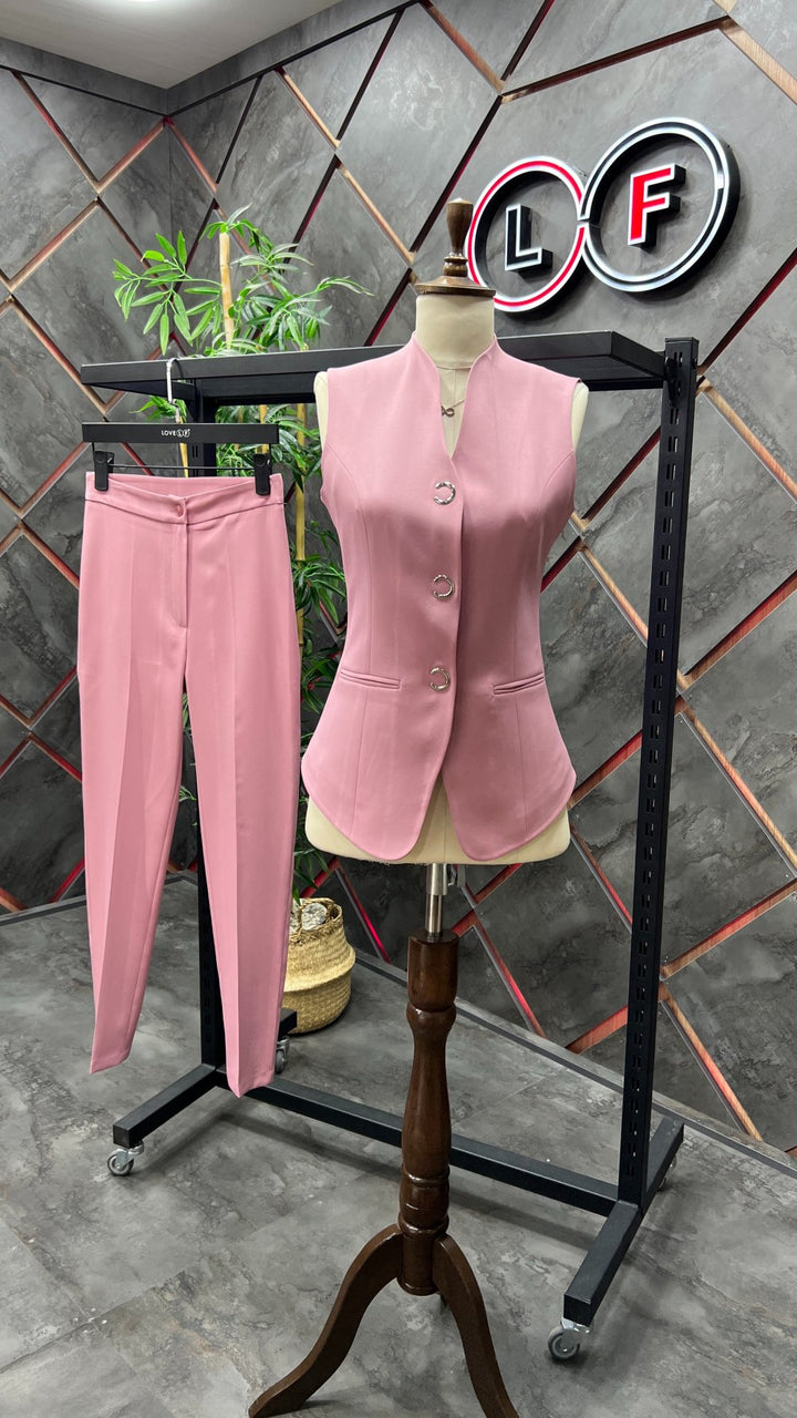NDL Women Snap Fastener Vest Woman Suit Rose Pink - Ingelheim