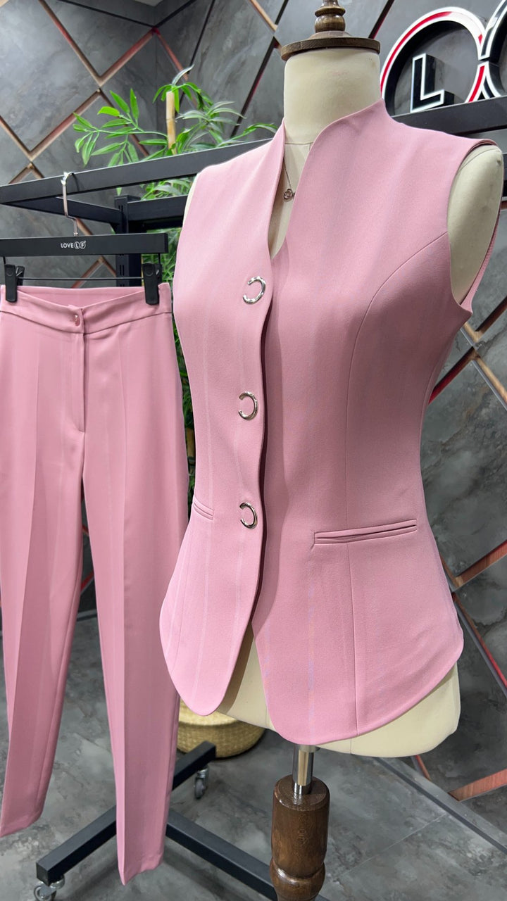 NDL Women Snap Fastener Vest Woman Suit Rose Pink - Ingelheim