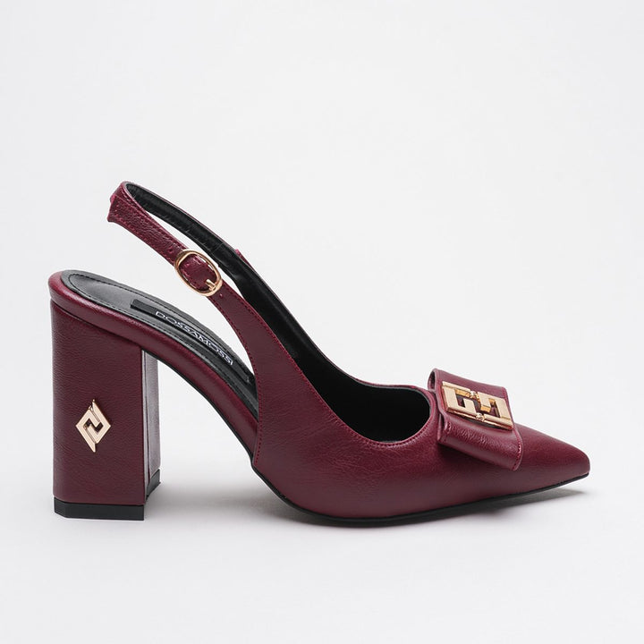DSM Stevın Bordeaux Leather Gold Buckle Detailed Thick Heel Women's Shoe - Wyoming