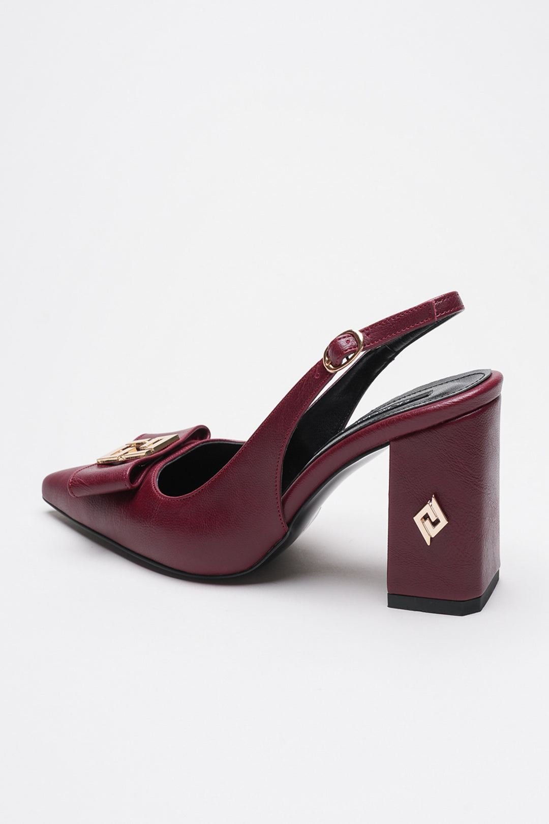 DSM Stevın Bordeaux Leather Gold Buckle Detailed Thick Heel Women's Shoe - Wyoming