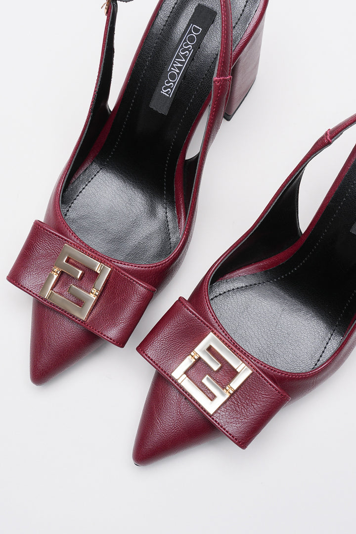 DSM Stevın Bordeaux Leather Gold Buckle Detailed Thick Heel Women's Shoe - Wyoming