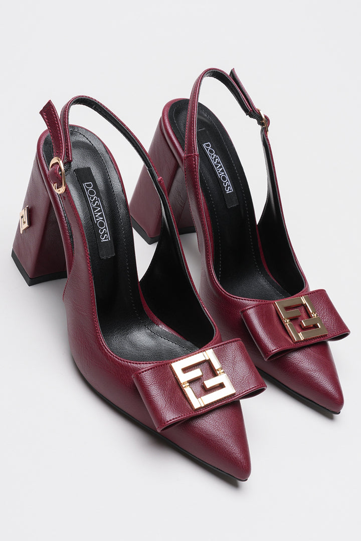 DSM Stevın Bordeaux Leather Gold Buckle Detailed Thick Heel Women's Shoe - Wyoming